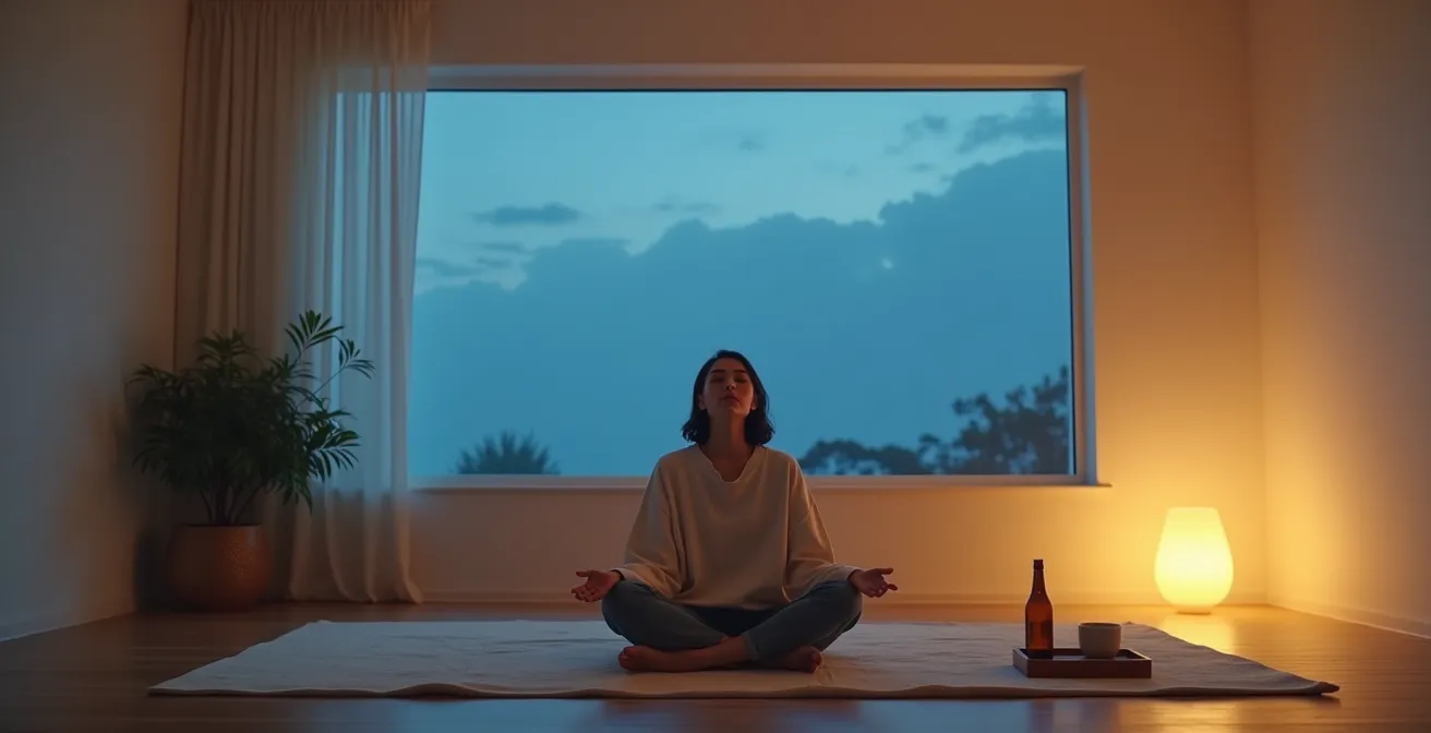 Personne en posture de relaxation dans un salon apaisant le soir, symbolisant la déconnexion mentale.