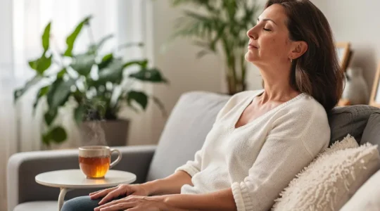 Femme prenant une pause bien-être dans son salon lumineux, moment de détente naturelle