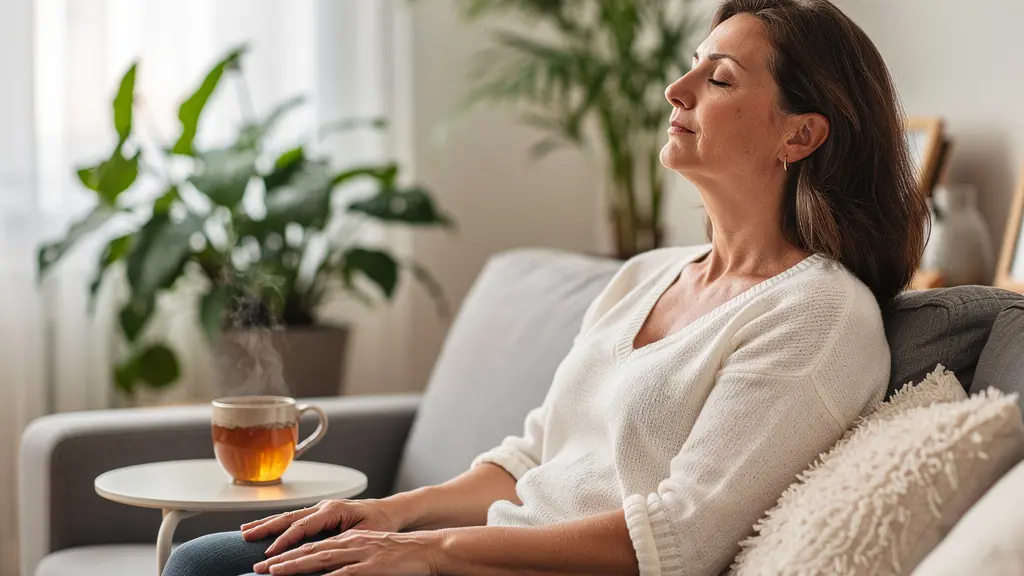 Femme prenant une pause bien-être dans son salon lumineux, moment de détente naturelle
