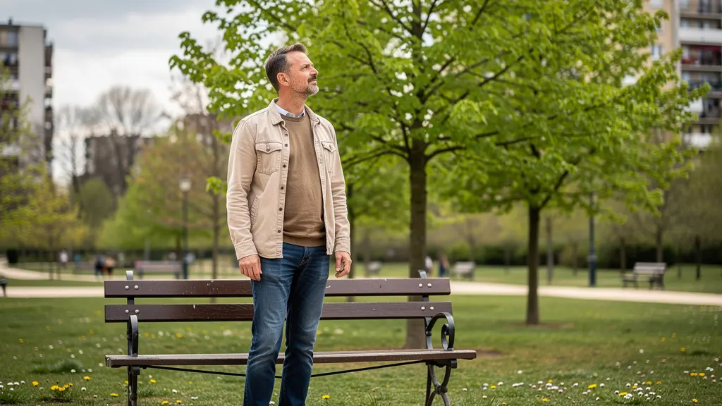 Homme prenant une pause sereine en extérieur dans un parc urbain, moment de bien-être