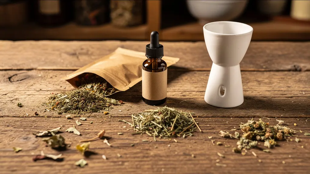 Différents produits CBD naturels disposés sur une table en bois, huile et plantes séchées