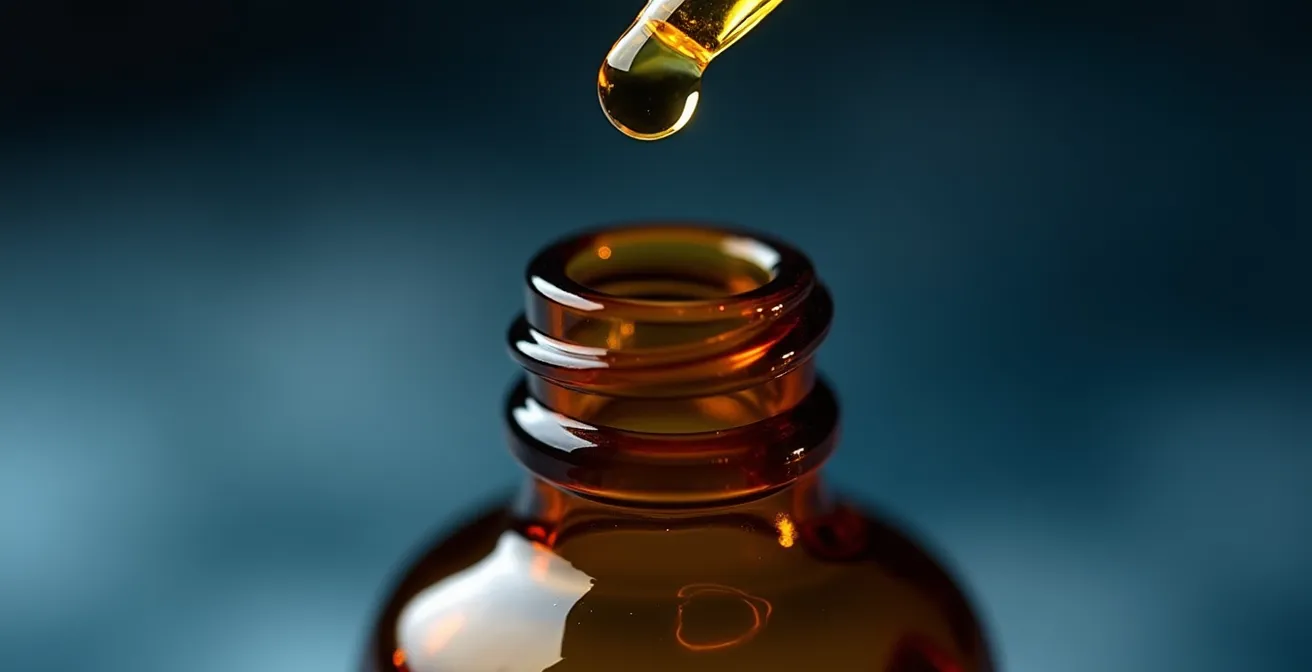 Gros plan sur des gouttes d'huile de CBD tombant d'une pipette, évoquant le dosage précis pour le sommeil.