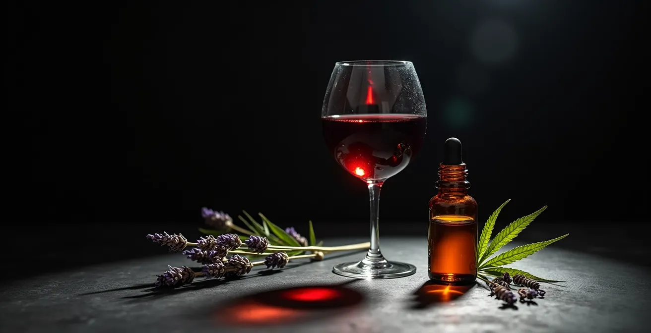 Composition symbolique montrant un verre de vin rouge et un flacon de CBD, évoquant deux choix opposés face au stress.