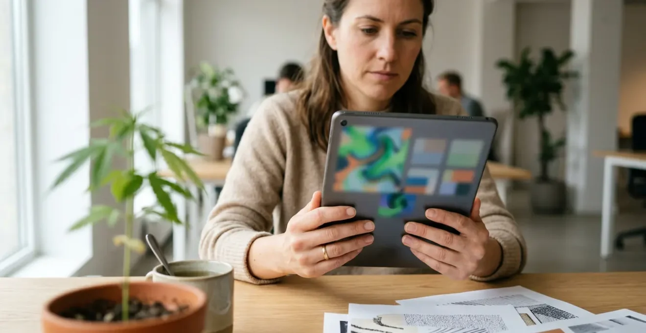 Main réaliste manipulant une tablette avec écran de magasin CBD en ligne dans un bureau moderne avec plante de chanvre