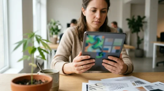 Main réaliste manipulant une tablette avec écran de magasin CBD en ligne dans un bureau moderne avec plante de chanvre