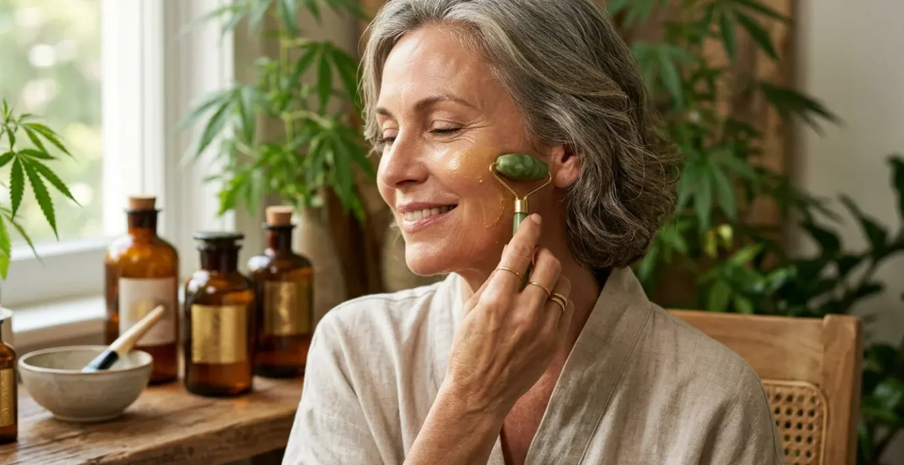 Femme mature à la peau lumineuse appliquant un sérum au CBD dans une ambiance spa naturelle