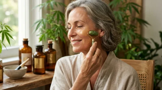 Femme mature à la peau lumineuse appliquant un sérum au CBD dans une ambiance spa naturelle