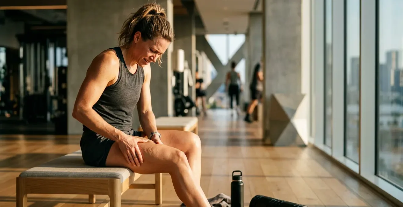 Athlète pratiquant un auto-massage avec un baume au CBD après un entraînement intense