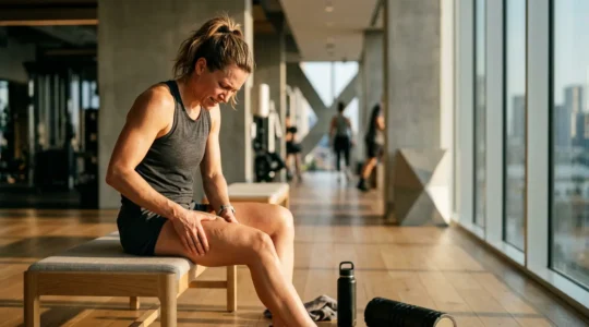 Athlète pratiquant un auto-massage avec un baume au CBD après un entraînement intense