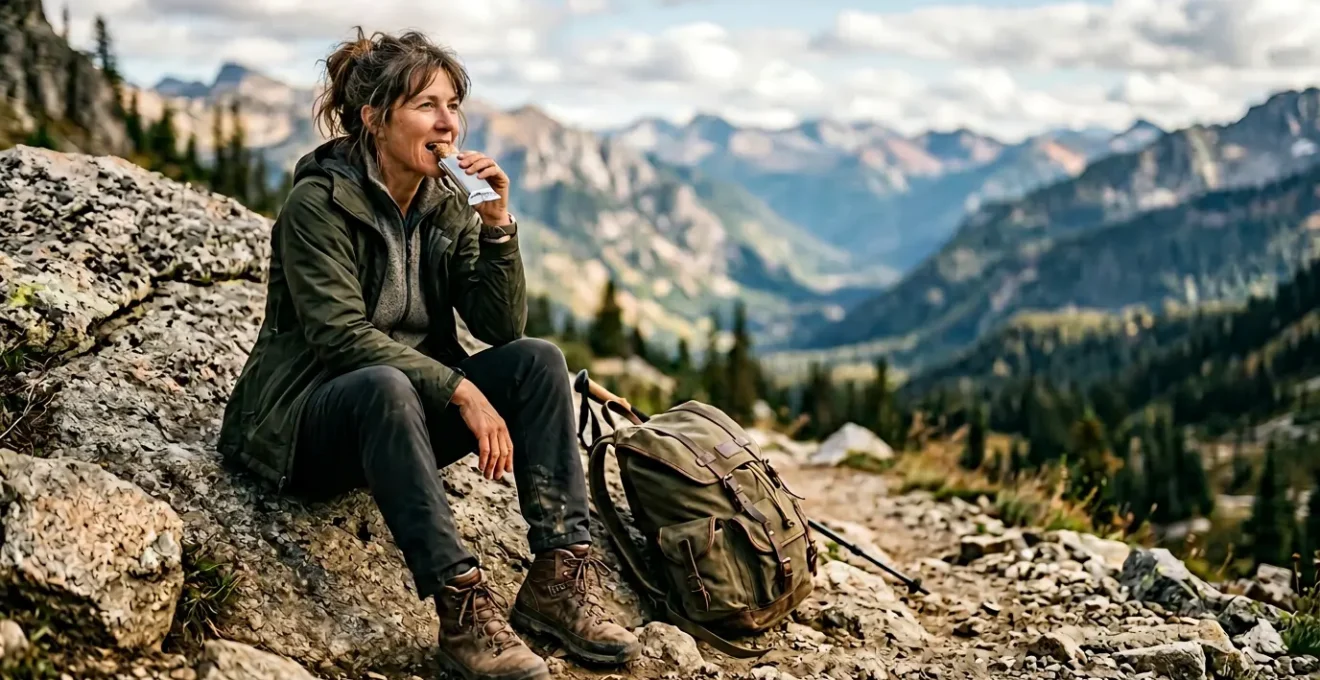 Randonneur en pause sur un sentier de montagne savourant une barre énergétique, avec un paysage naturel en arrière-plan