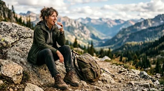 Randonneur en pause sur un sentier de montagne savourant une barre énergétique, avec un paysage naturel en arrière-plan