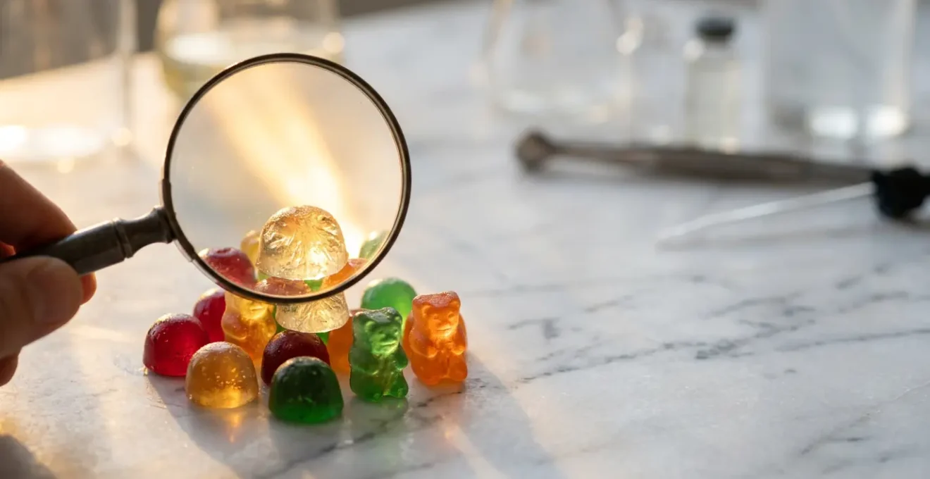Analyse de la qualité des bonbons au CBD avec lumière dorée sur gélifiés colorés