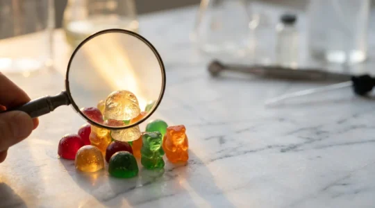 Analyse de la qualité des bonbons au CBD avec lumière dorée sur gélifiés colorés