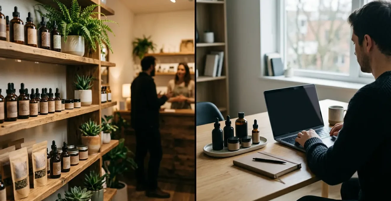 Vue comparative d'une boutique CBD physique chaleureuse et d'un ordinateur montrant un site e-commerce de CBD