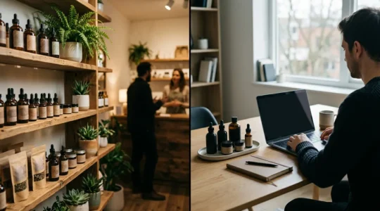 Vue comparative d'une boutique CBD physique chaleureuse et d'un ordinateur montrant un site e-commerce de CBD