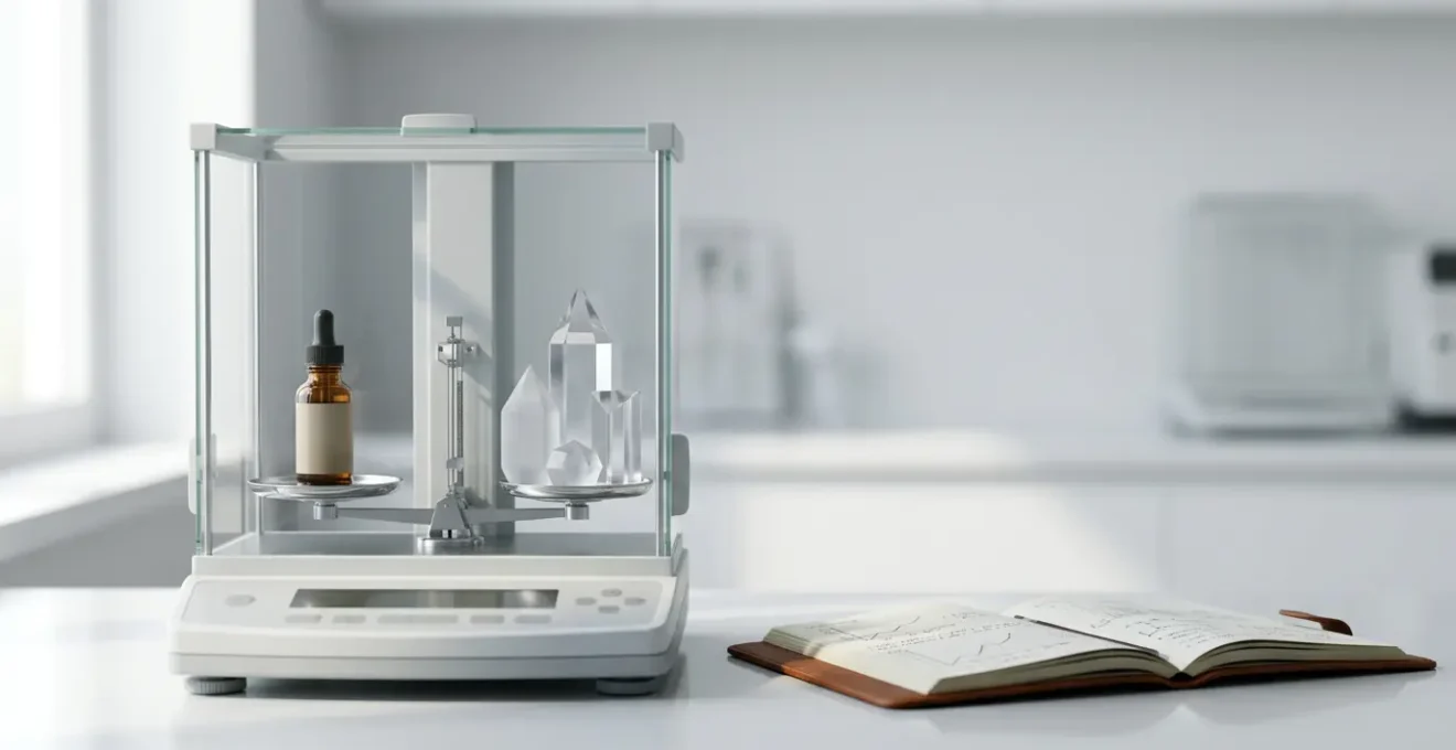 Balance de précision avec flacon d'huile CBD et cahier de notes dans un environnement épuré