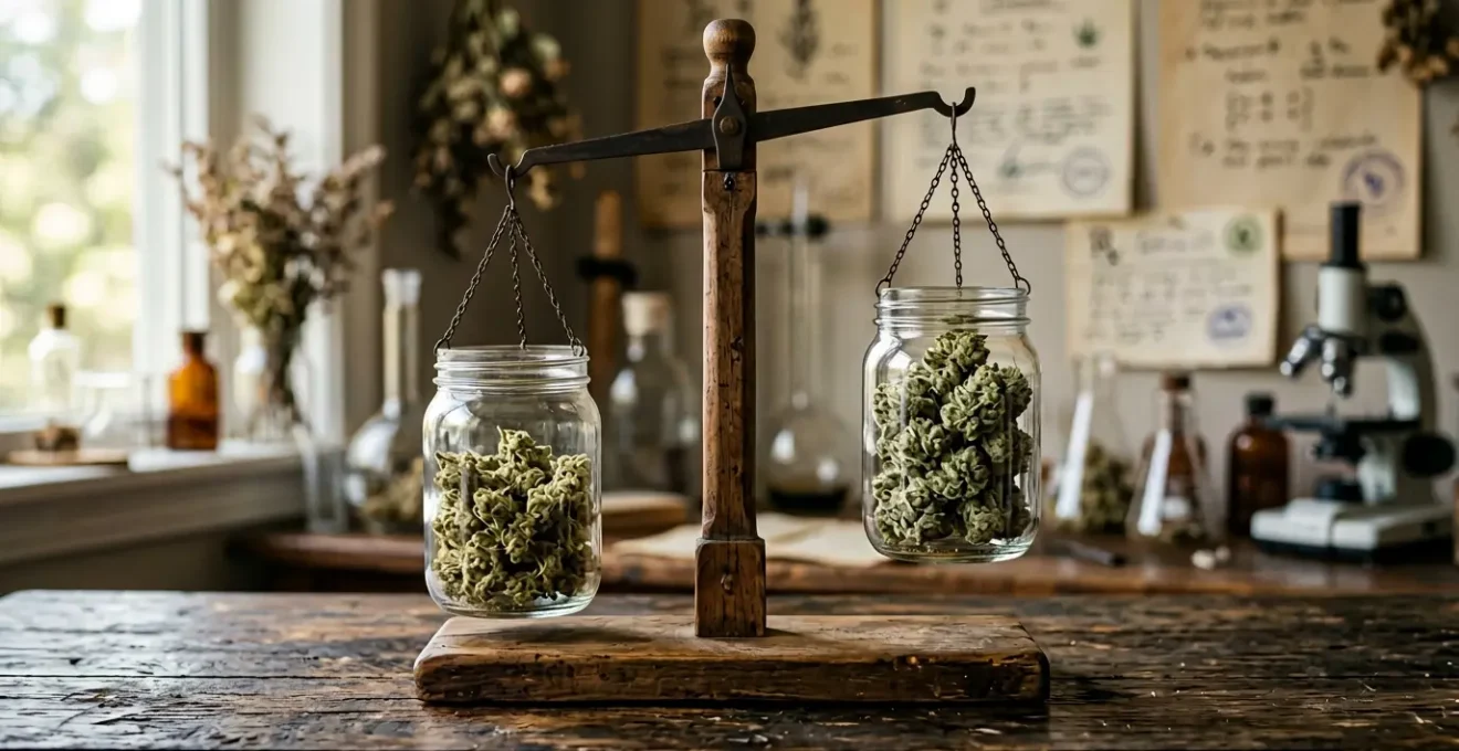 Comparaison visuelle entre produits CBD économiques et premium sur une balance en bois naturel