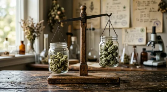 Comparaison visuelle entre produits CBD économiques et premium sur une balance en bois naturel