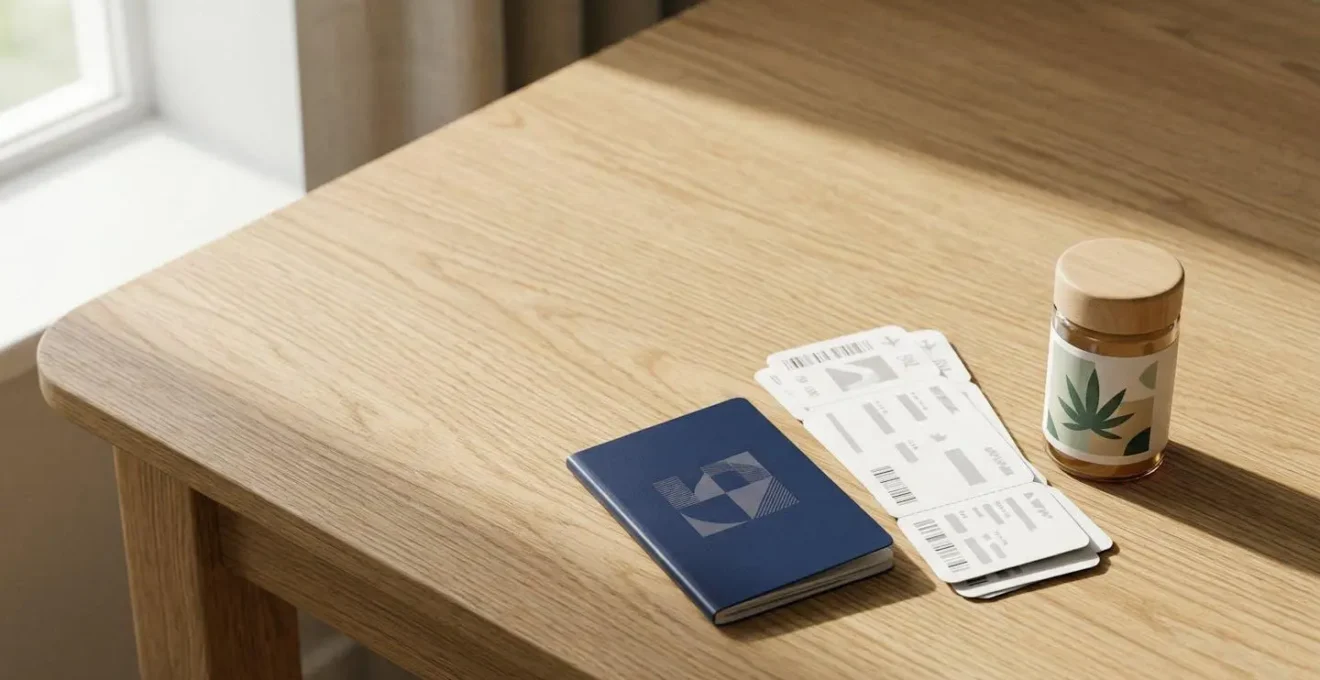 Préparation méthodique de documents de voyage CBD sur une table avec passeport et billets d'avion