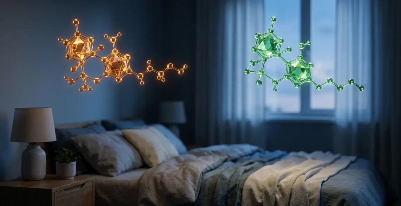 Composition abstraite de molécules de CBN et CBD flottant dans une ambiance nocturne apaisante