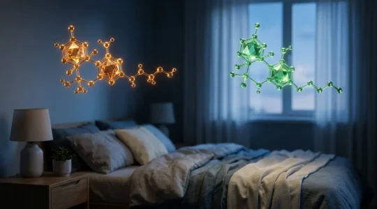 Composition abstraite de molécules de CBN et CBD flottant dans une ambiance nocturne apaisante