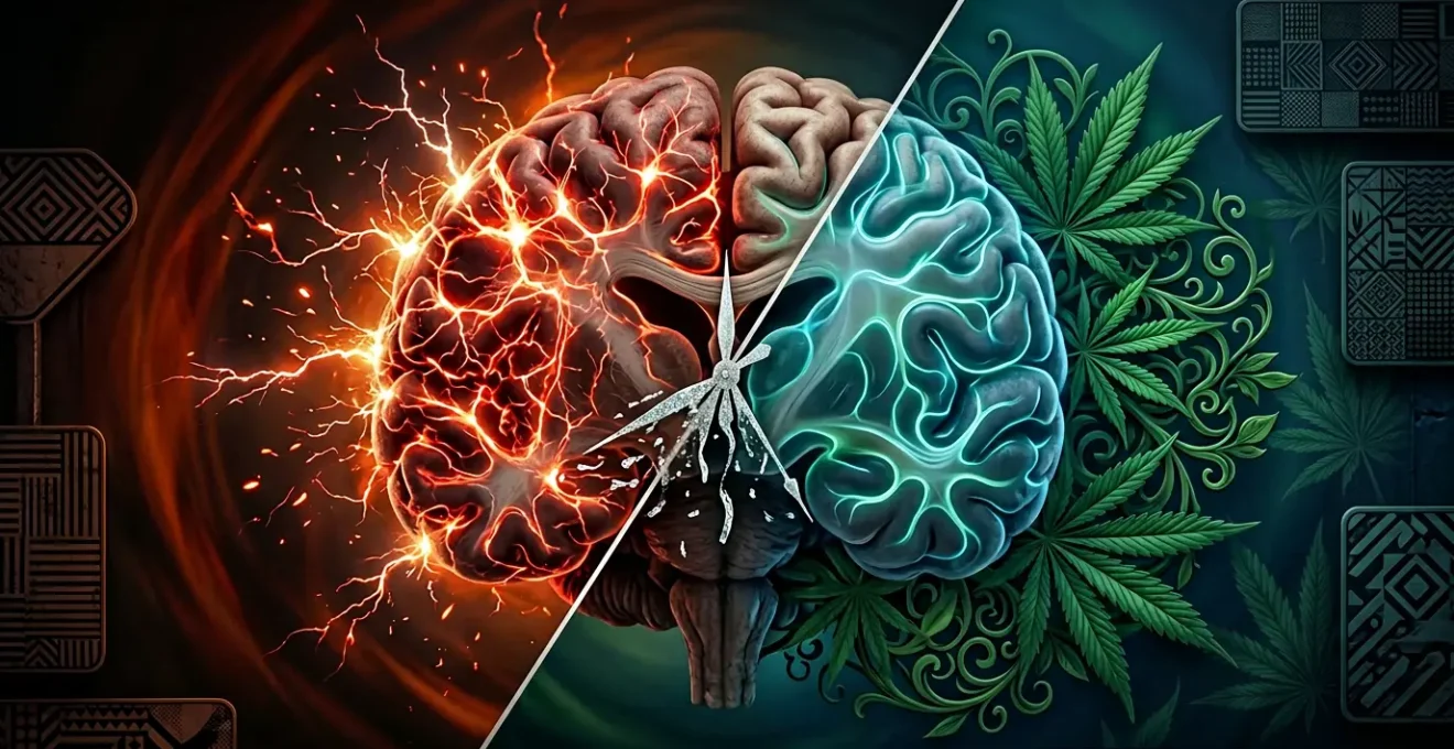 Composition symbolique d'un cerveau en transition du stress vers l'apaisement avec des éléments végétaux naturels