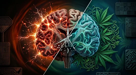 Composition symbolique d'un cerveau en transition du stress vers l'apaisement avec des éléments végétaux naturels
