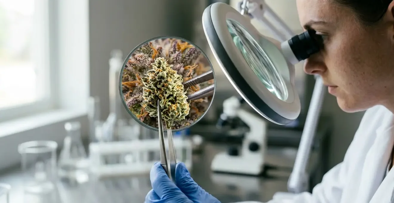Fleur de chanvre bio sous loupe de laboratoire avec équipement d'analyse