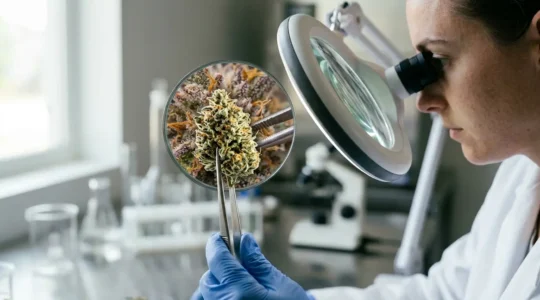 Fleur de chanvre bio sous loupe de laboratoire avec équipement d'analyse