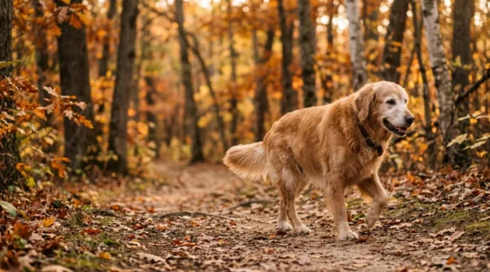 Chien âgé retrouvant sa mobilité grâce au traitement CBD contre l'arthrose