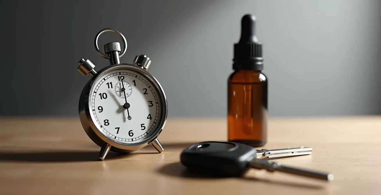 Chronomètre posé à côté d'un flacon de CBD avec des clés de voiture floues en arrière-plan