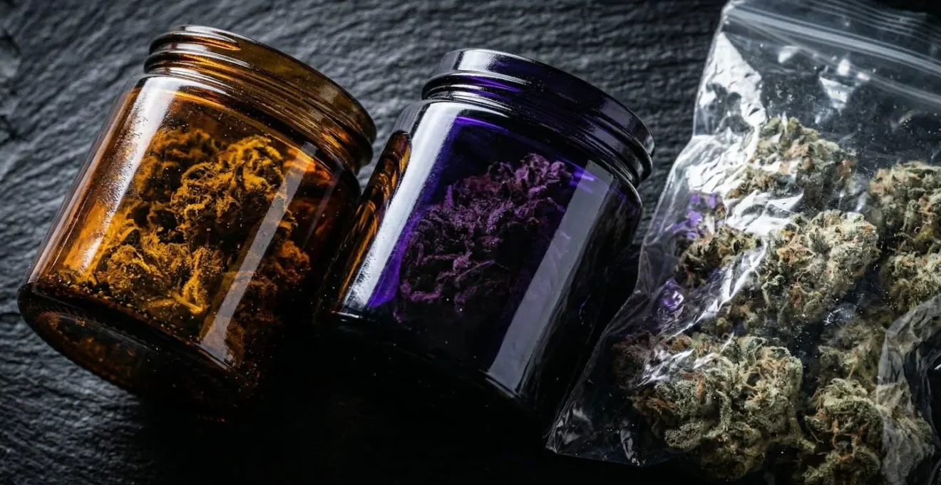 Différents types de contenants pour la conservation du CBD disposés sur une surface