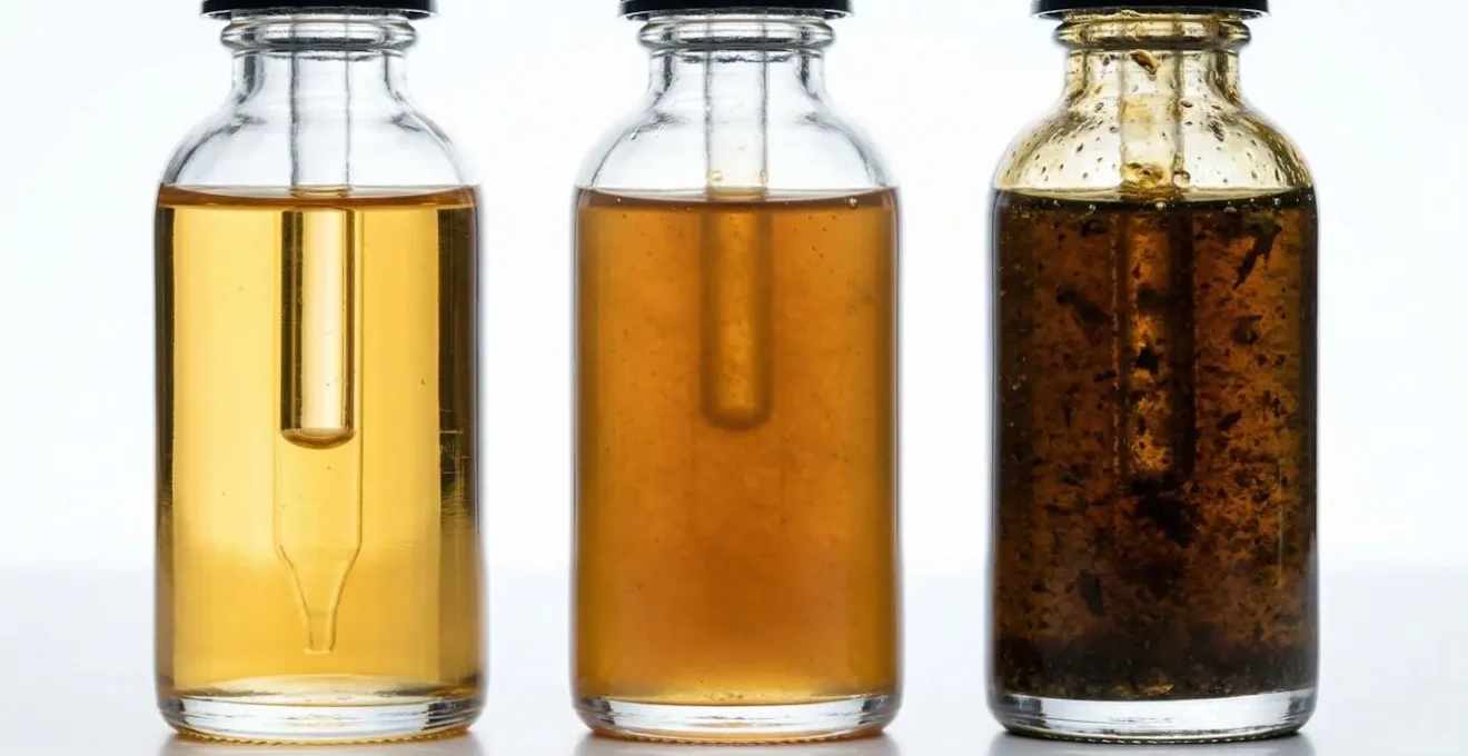 Comparaison visuelle de trois flacons d'huile CBD montrant différentes qualités d'extraction