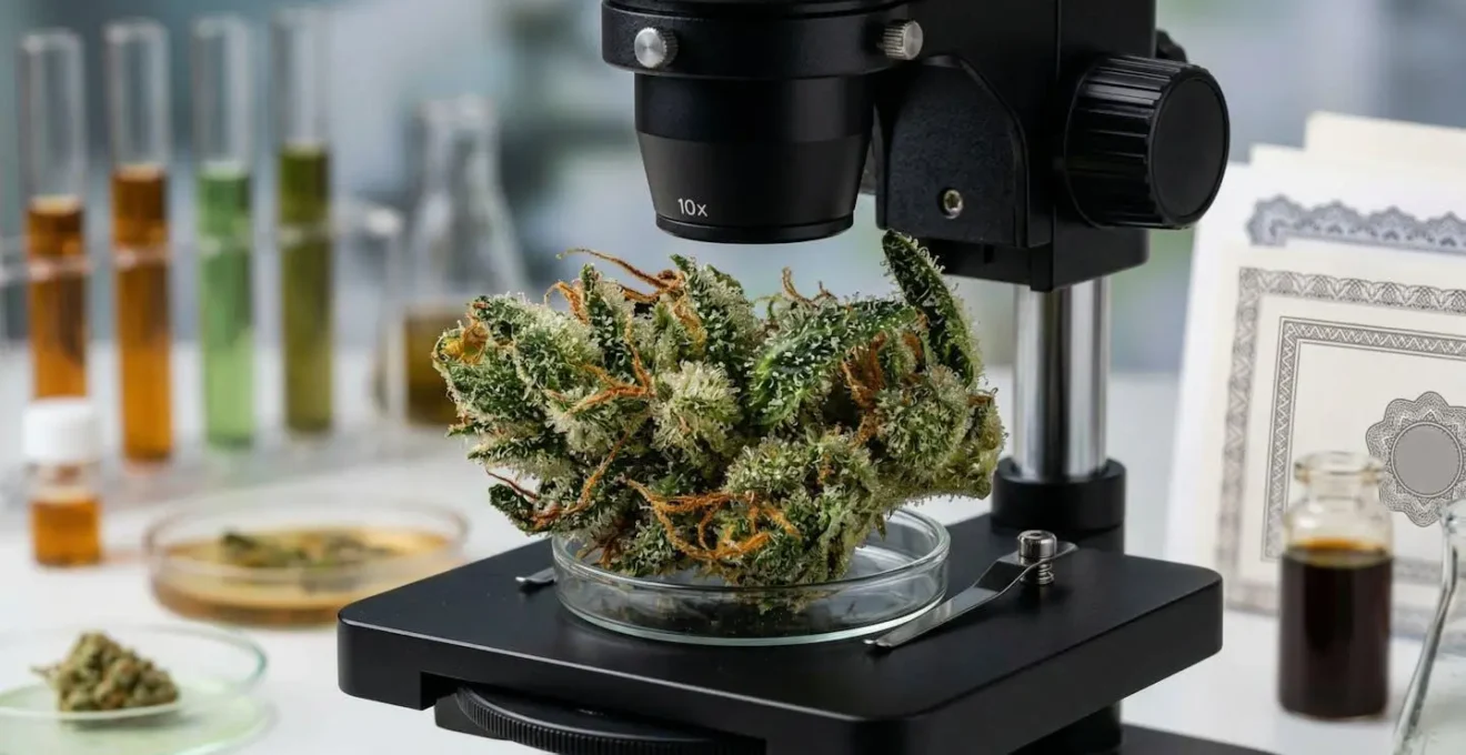 Laboratoire moderne avec microscope analysant échantillon de plante, certificats flous en arrière-plan
