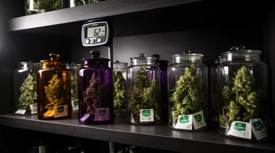 Bocaux en verre hermétiques contenant des têtes de cannabis CBD dans un environnement de conservation optimal