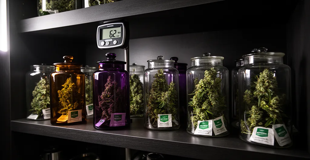 Bocaux en verre hermétiques contenant des têtes de cannabis CBD dans un environnement de conservation optimal