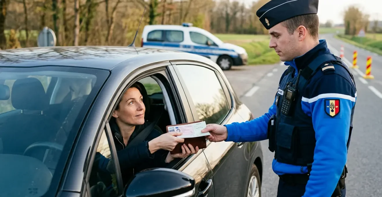 Agent de police vérifiant des documents officiels lors d'un contrôle routier, avec un conducteur coopératif montrant ses papiers