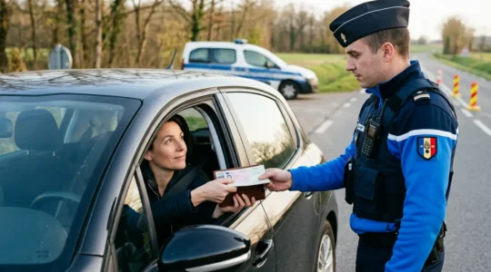 Agent de police vérifiant des documents officiels lors d'un contrôle routier, avec un conducteur coopératif montrant ses papiers