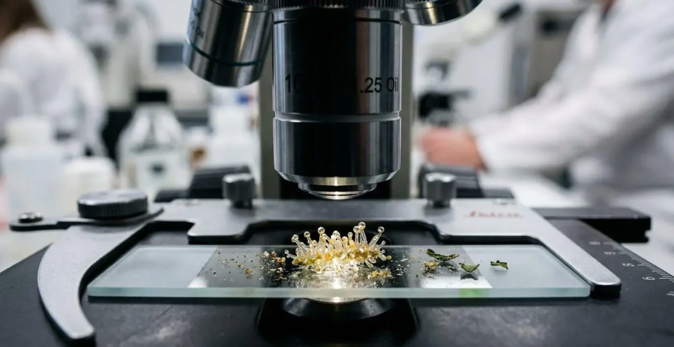 Microscope et échantillons CBD en laboratoire illustrant le contrôle qualité professionnel