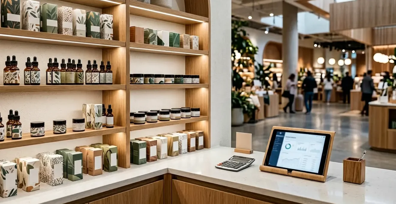 Espace de vente moderne type corner CBD avec présentoir élégant de produits et calculatrice professionnelle suggérant l'analyse des marges