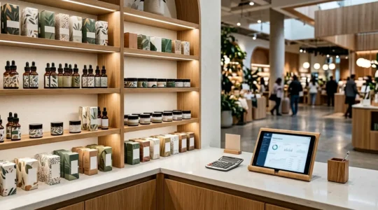 Espace de vente moderne type corner CBD avec présentoir élégant de produits et calculatrice professionnelle suggérant l'analyse des marges