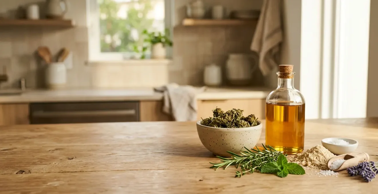 Préparation culinaire avec fleurs de CBD et ingrédients naturels sur plan de travail