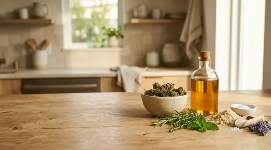 Préparation culinaire avec fleurs de CBD et ingrédients naturels sur plan de travail