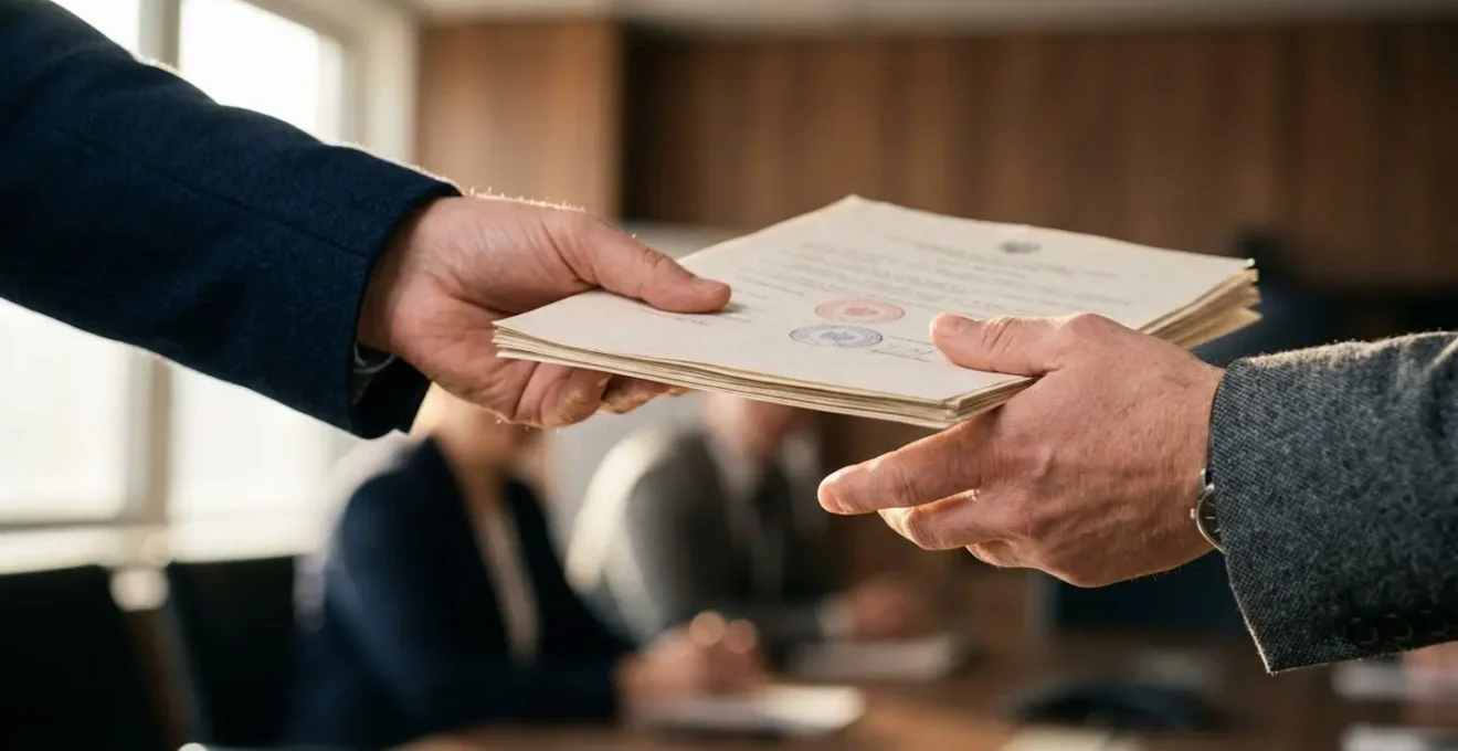 Mains tendant calmement des documents officiels lors d'un échange respectueux