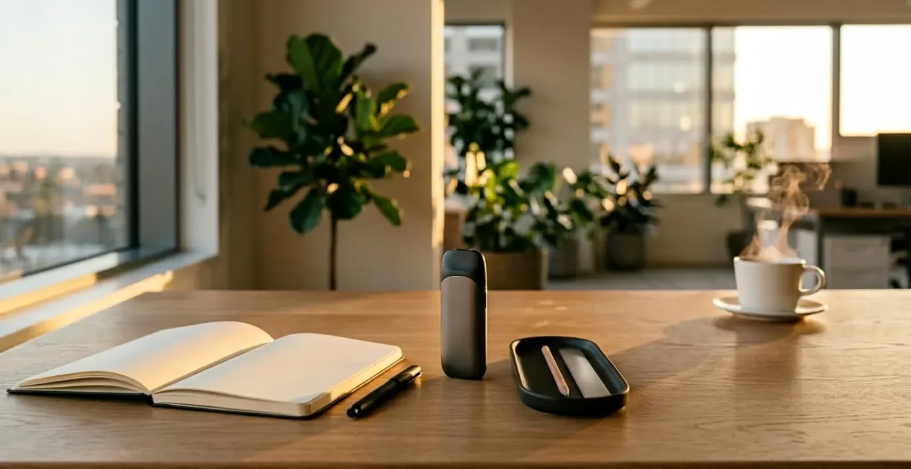 Cigarette électronique et e-liquide CBD posés sur un bureau professionnel épuré