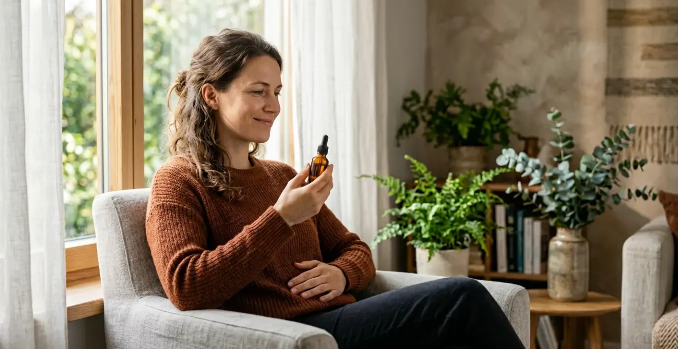 Femme apaisée se tenant le ventre dans une lumière douce et chaleureuse avec des éléments botaniques suggérant le bien-être naturel