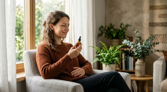 Femme apaisée se tenant le ventre dans une lumière douce et chaleureuse avec des éléments botaniques suggérant le bien-être naturel