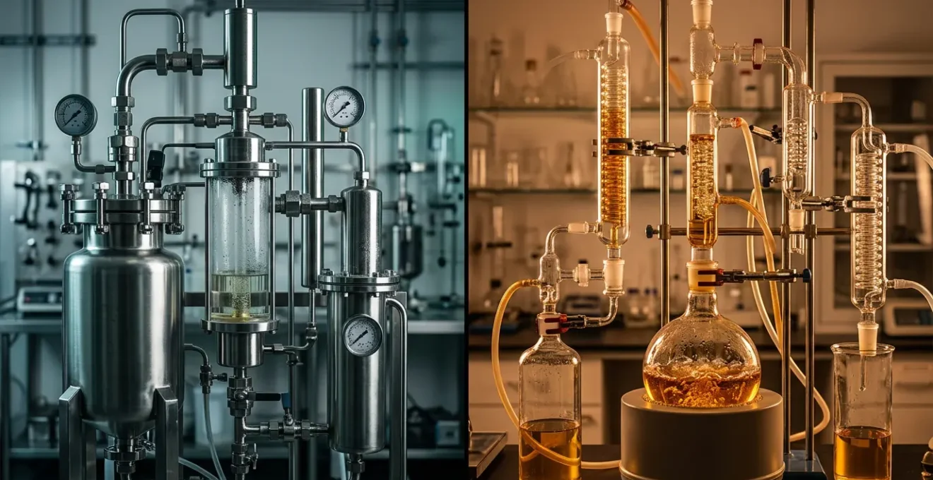 Vue comparée d'une extraction au CO2 supercritique et d'une extraction à l'éthanol dans un laboratoire moderne