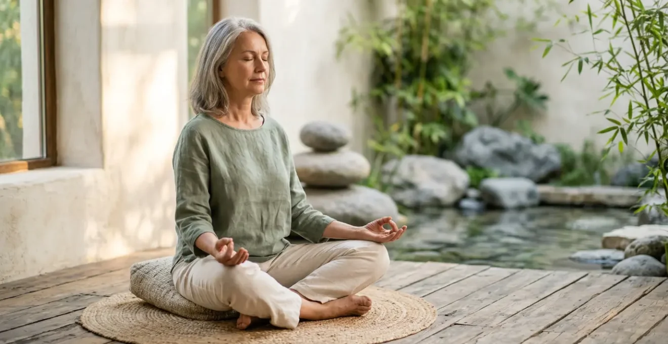 Femme mature sereine symbolisant l'équilibre hormonal et la régulation thermique naturelle pendant la ménopause