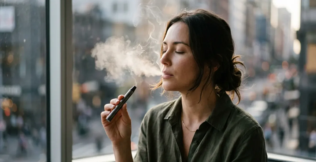 Femme respirant calmement de la vapeur lors d'une montée d'anxiété